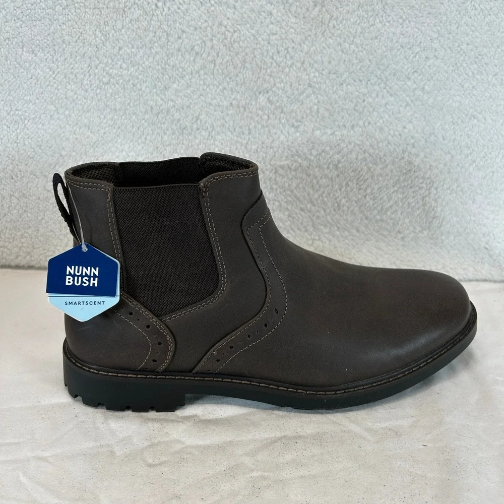 Nunn Bush‎ Mens Dark Brown Leather Chelsea Brogue Lug Sole Boots 11.5 NEW